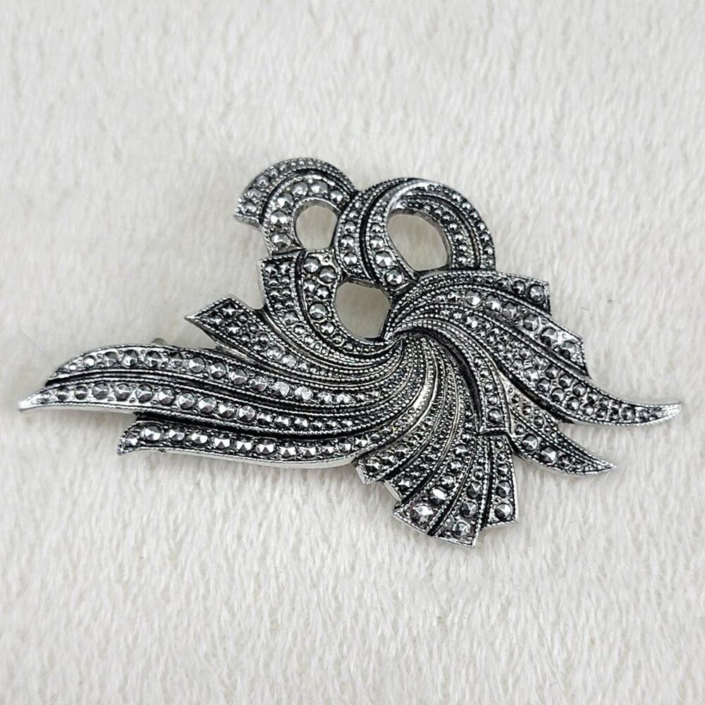 Vintage Art Deco Marcasite Brooch Pin Rhodium Plated Western Germany